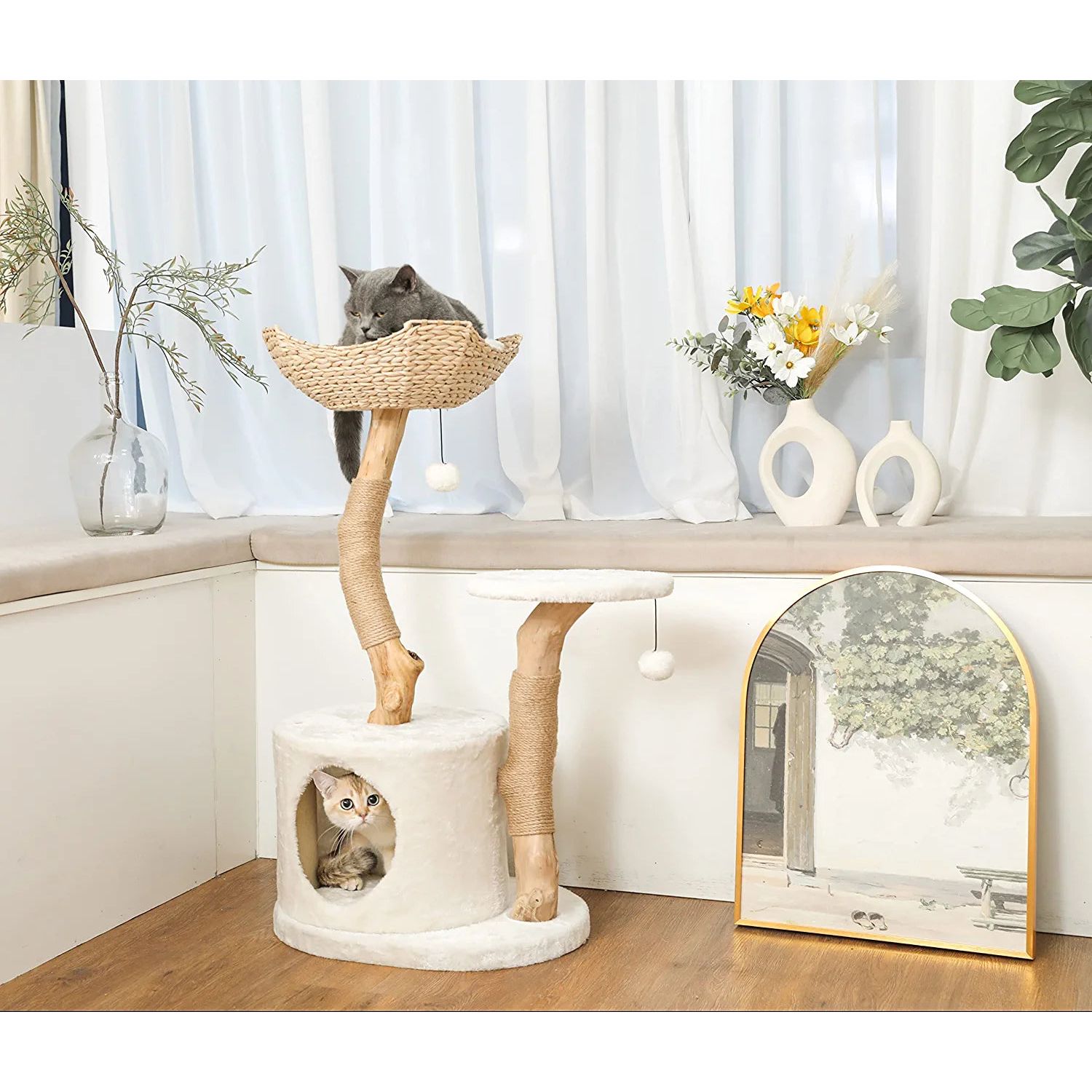 Modern Luxury Cat Tree - Real Wood Cat Tower with Scratch Post Tree Branch Cat Condo