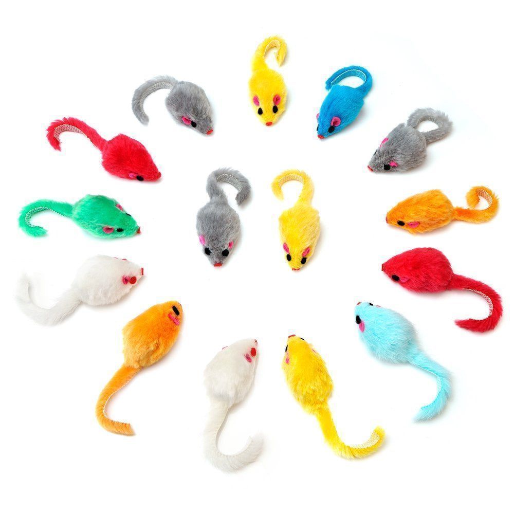 36PCS 4.1'' Furry Cat Toy Mice Rattle Small Mouse Kitten Interactive Play Assorted Color