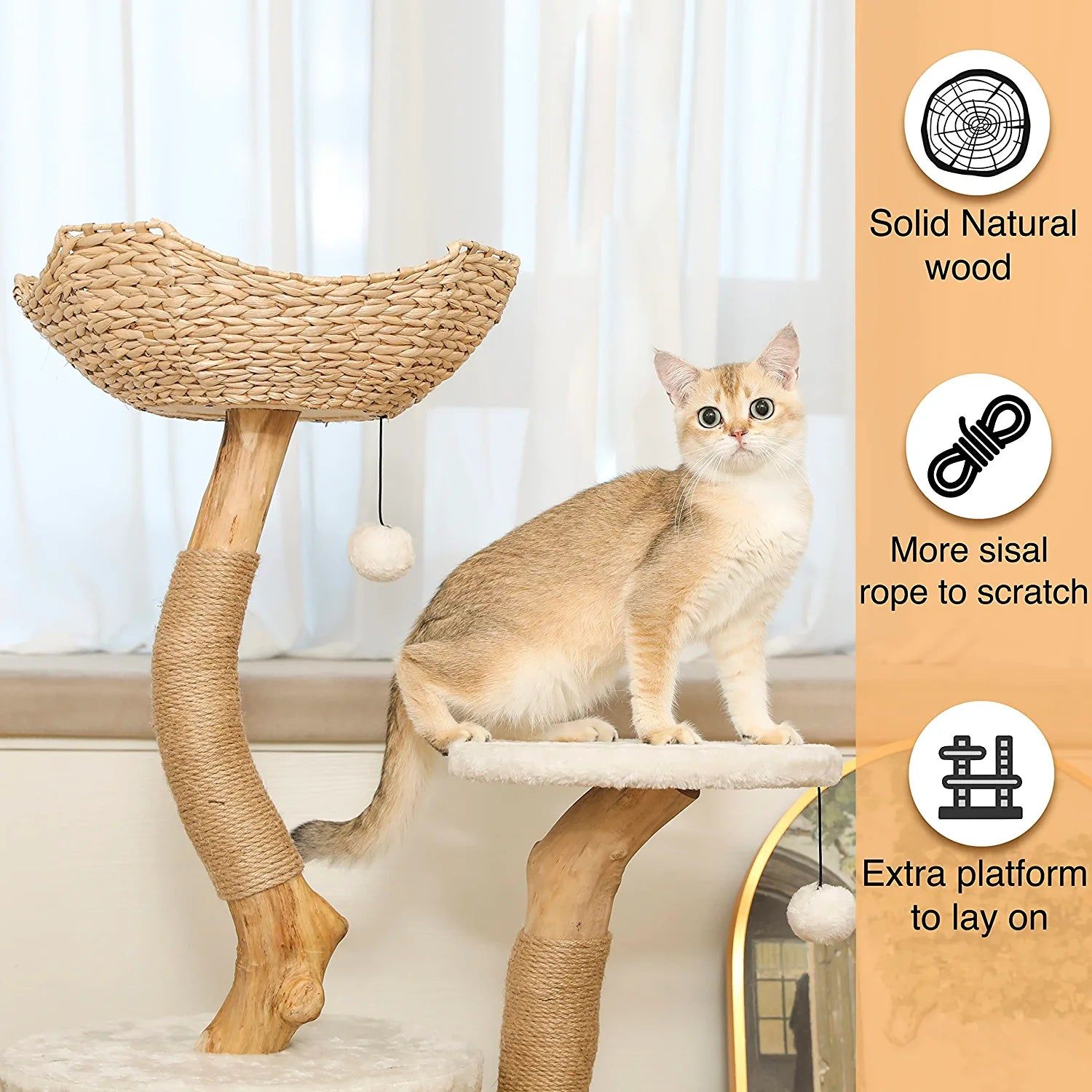 Modern Luxury Cat Tree - Real Wood Cat Tower with Scratch Post Tree Branch Cat Condo