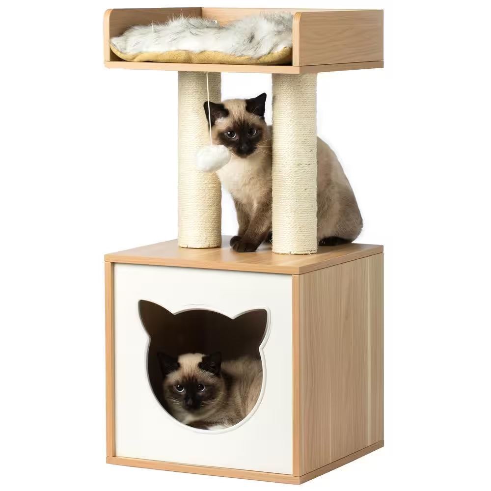 Cat Tree Play House Condo Cube Cave, Platform, Scratcher Post and Ball Toy