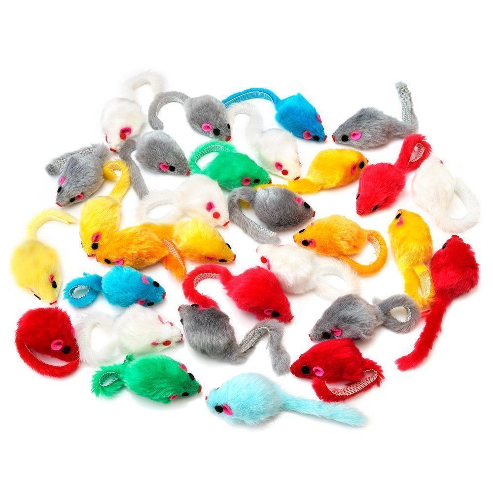 36PCS 4.1'' Furry Cat Toy Mice Rattle Small Mouse Kitten Interactive Play Assorted Color