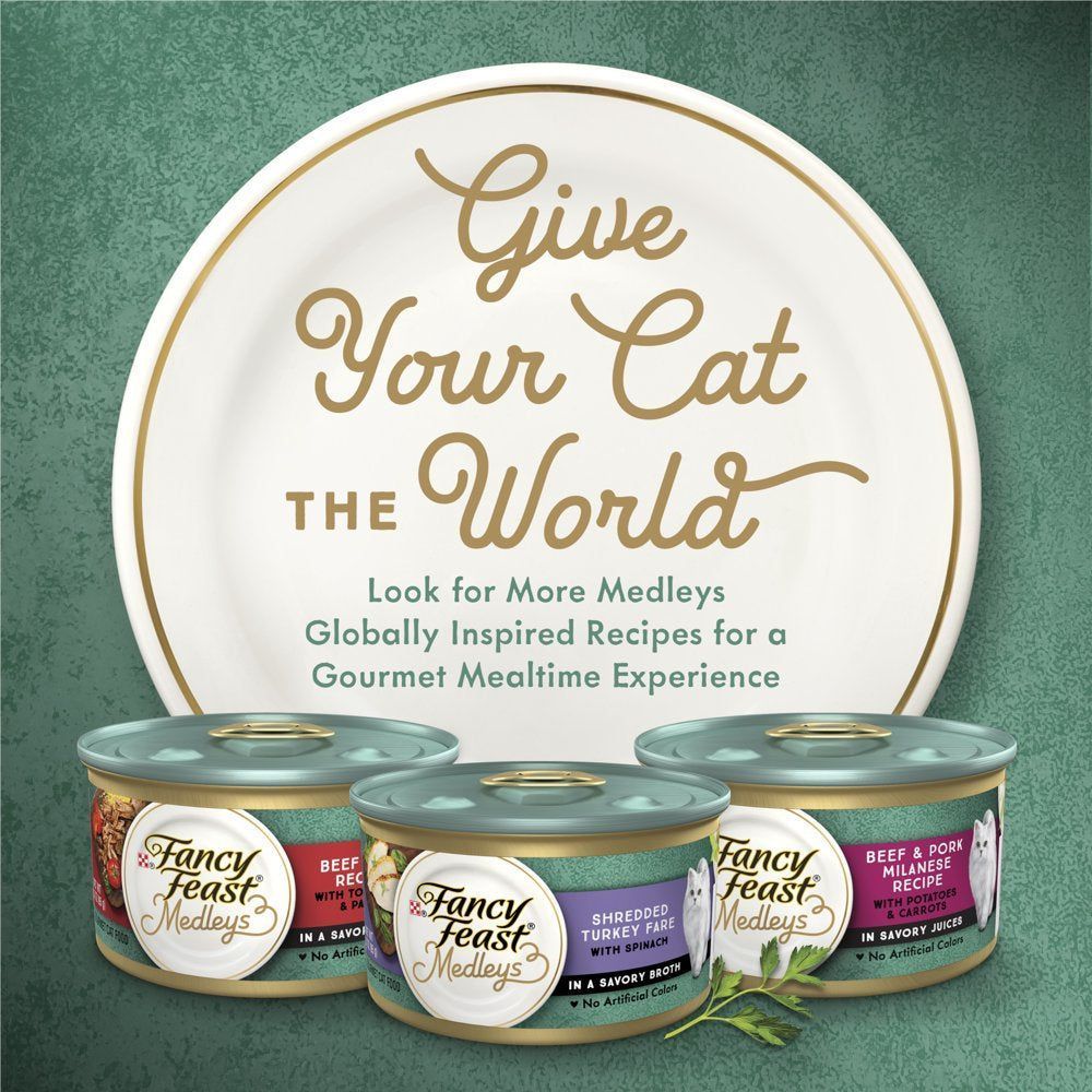 Fancy Feast Grain Free Cat Food Medleys Shredded Tuna Fare Wet Cat Food Recipe with Spinach in a Broth, 3 Oz. (24 Cans)