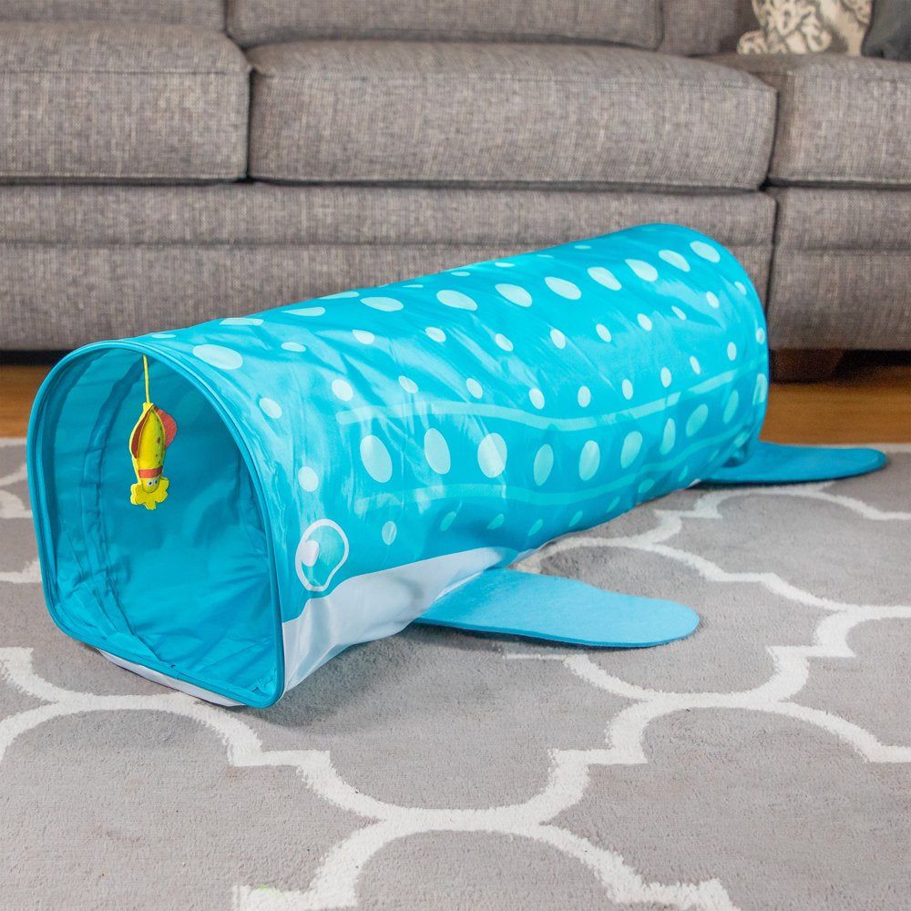 Collapsible Whale Shark 3.6 Ft Cat Tunnel Toy, Interactive Peek-A-Boo Indoor Play